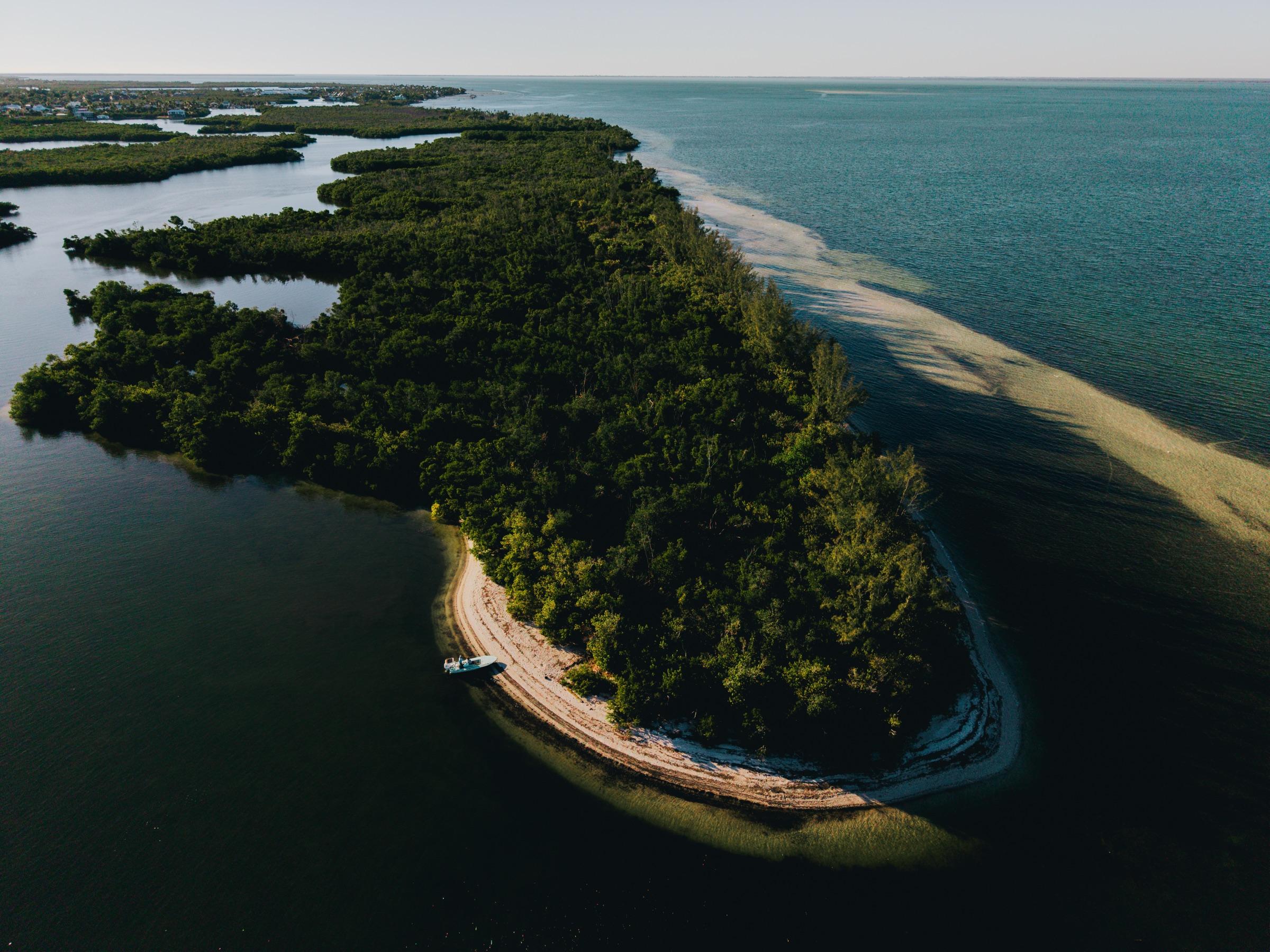Aerial of mangrove islands and flats across Southwest Florida